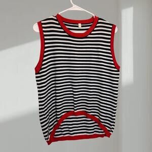 Black & White Tank - Striped Sleeveless Knit– Red Trim – Women’s Small